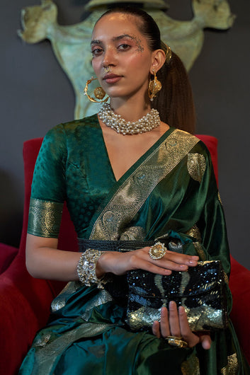 Dazzling Dark Green Soft Banarasi Silk Saree With Flaunt Blouse Piece