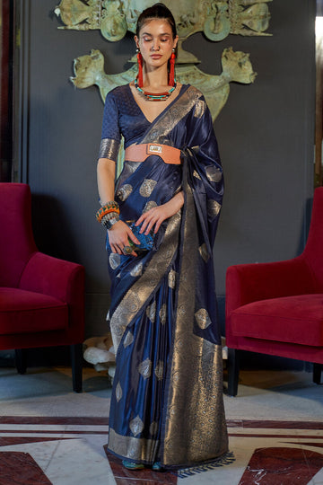 Classy Navy Blue Soft Banarasi Silk Saree With Lovely Blouse Piece