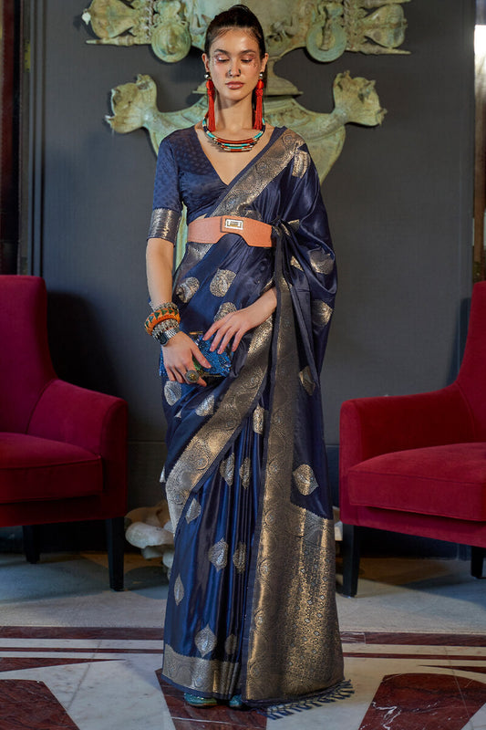 Classy Navy Blue Soft Banarasi Silk Saree With Lovely Blouse Piece