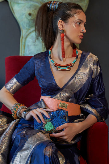 Classy Navy Blue Soft Banarasi Silk Saree With Lovely Blouse Piece