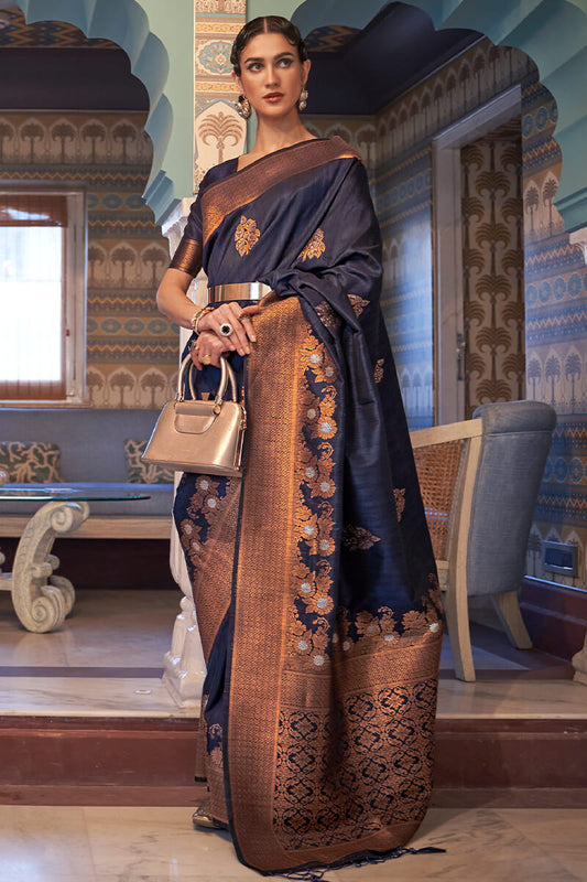 Marvellous Navy Blue Soft Banarasi Silk Saree With Classy Blouse Piece