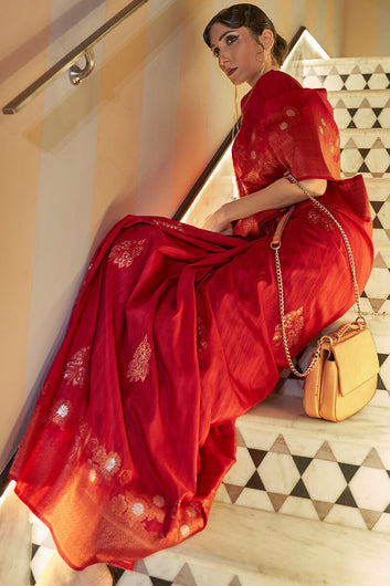 Pretty Red Soft Banarasi Silk Saree With Alluring Blouse Piece