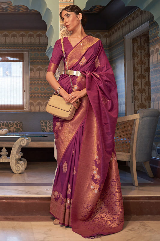 Skinny Purple Soft Banarasi Silk Saree With Deserving Blouse Piece