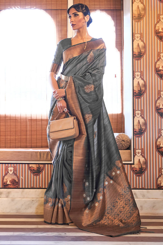 Preferable Grey Soft Banarasi Silk Saree With Inspiring Blouse Piece