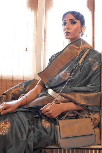 Preferable Grey Soft Banarasi Silk Saree With Inspiring Blouse Piece