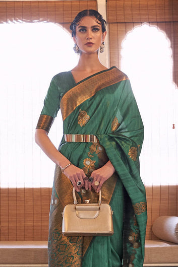 Desirable Rama Soft Banarasi Silk Saree With Bucolic Blouse Piece