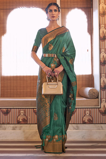 Desirable Rama Soft Banarasi Silk Saree With Bucolic Blouse Piece