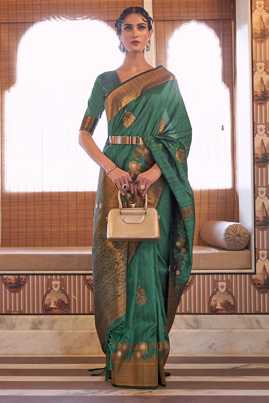 Desirable Rama Soft Banarasi Silk Saree With Bucolic Blouse Piece