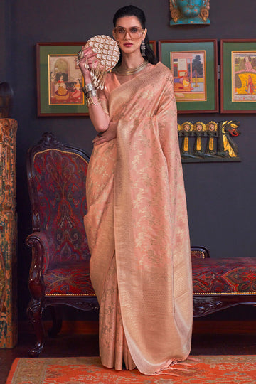 Epiphany Peach Soft Banarasi Silk Saree With Murmurous Blouse Piece