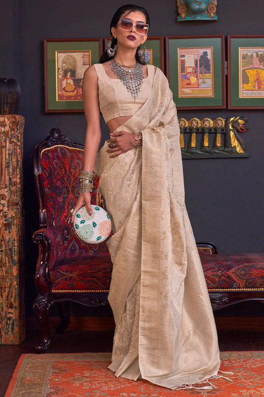 Serendipity Beige Soft Banarasi Silk Saree With Pleasurable Blouse Piece