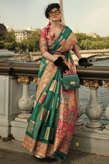 Fragrant Dark Green Pashmina saree With Jubilant Blouse Piece