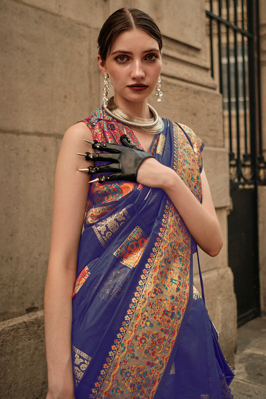 Fairytale Royal Blue Pashmina saree With Charismatic Blouse Piece