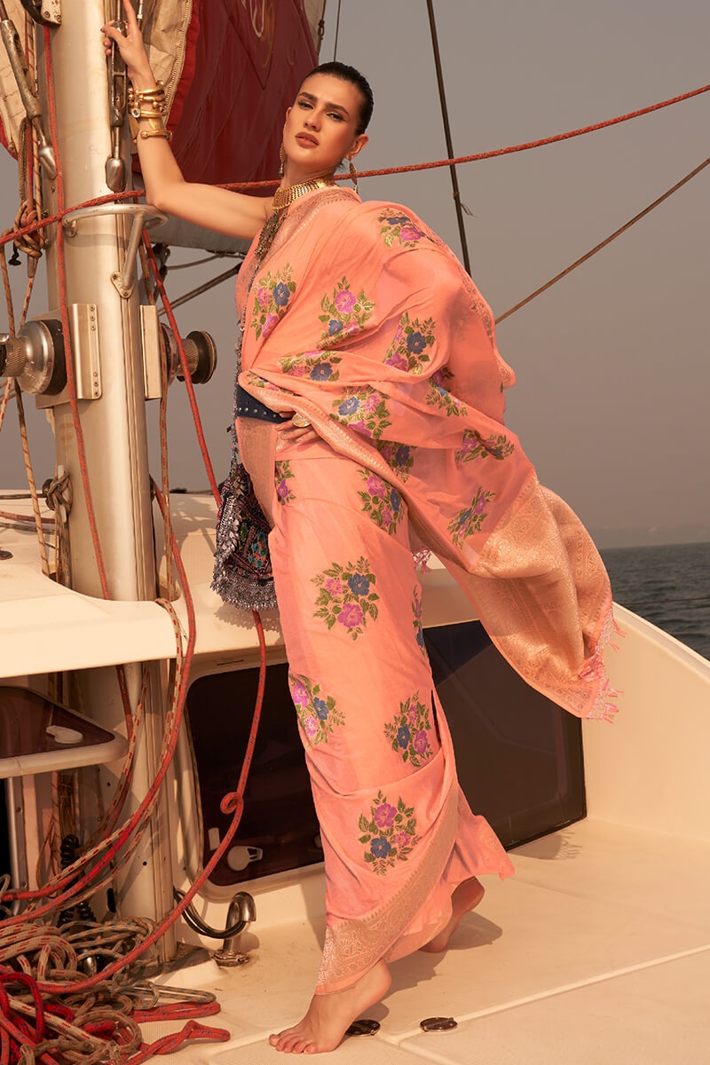 Imbrication Peach Soft Banarasi Silk Saree With Eloquence Blouse Piece
