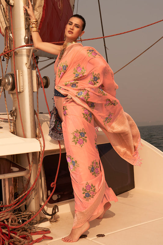 Imbrication Peach Soft Banarasi Silk Saree With Eloquence Blouse Piece