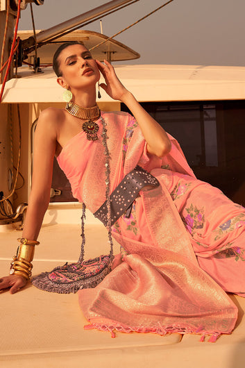 Imbrication Peach Soft Banarasi Silk Saree With Eloquence Blouse Piece