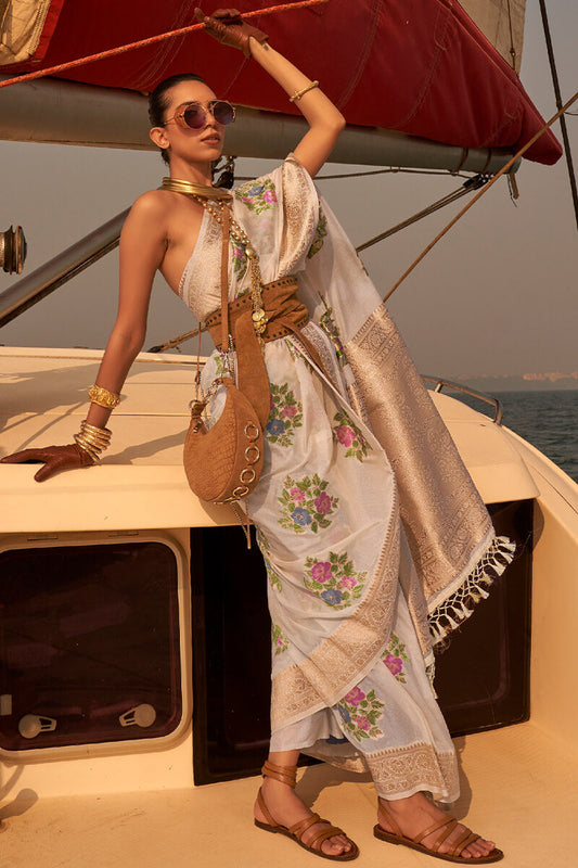 Propinquity Beige Soft Banarasi Silk Saree With Vestigial Blouse Piece