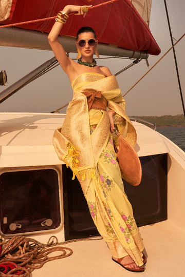 Gratifying Yellow Soft Banarasi Silk Saree With Supernal Blouse Piece