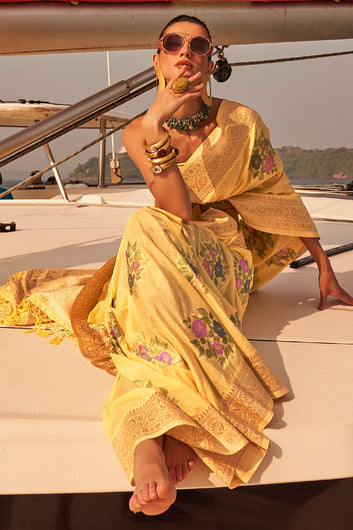 Gratifying Yellow Soft Banarasi Silk Saree With Supernal Blouse Piece