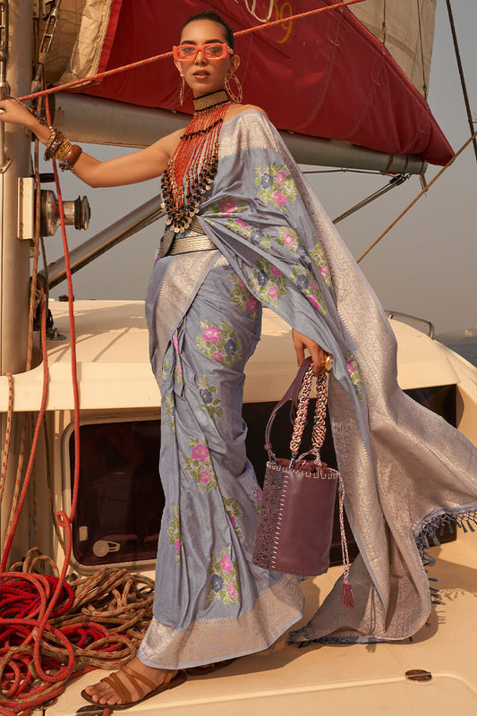 Felicitous Grey Soft Banarasi Silk Saree With Staggering Blouse Piece