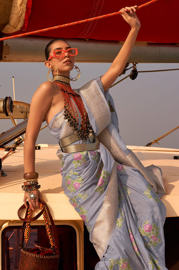 Felicitous Grey Soft Banarasi Silk Saree With Staggering Blouse Piece