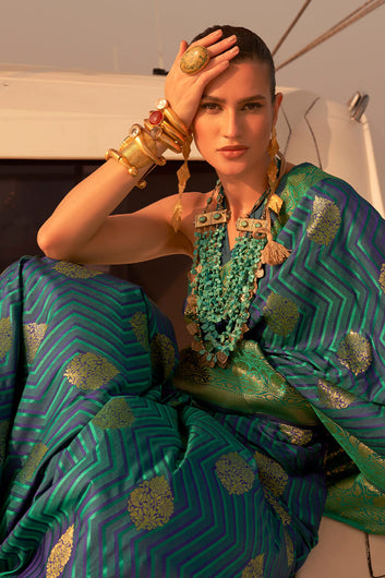 Fantabulous Rama Soft Banarasi Silk Saree With Incredible Blouse Piece