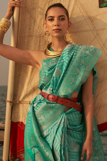 Devastating Sea Green Soft Banarasi Silk Saree With Sumptuous Blouse Piece