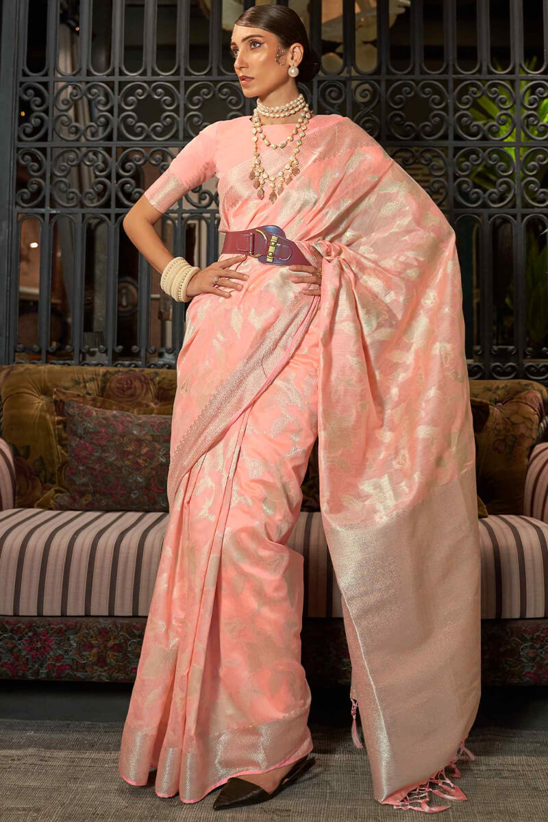 Quintessential Peach Soft Banarasi Silk Saree With Sumptuous Blouse Piece