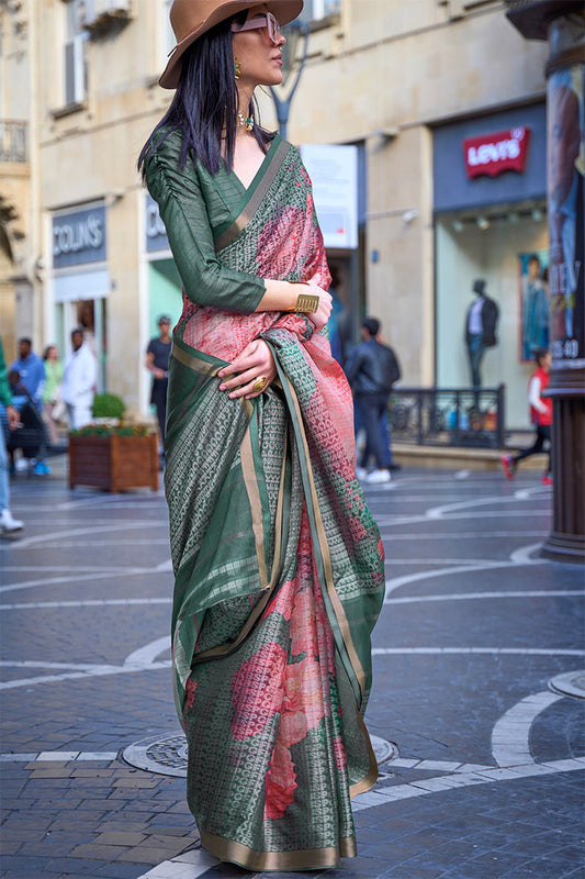 Imbrication Dark Green Digital Printed Soft Silk Saree With Devastating Blouse Piece