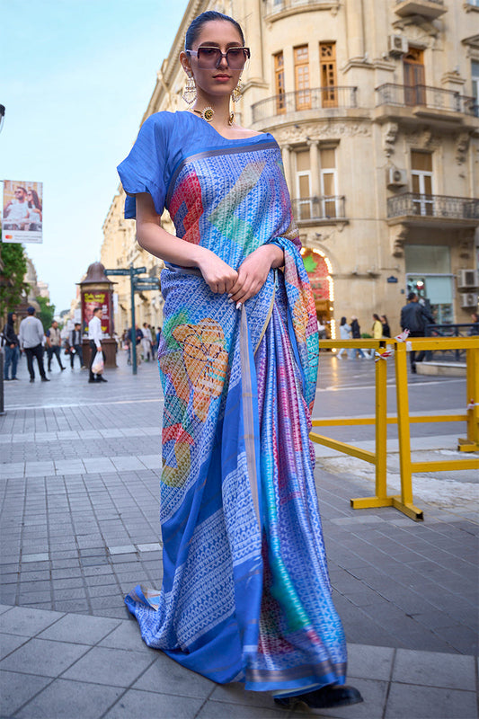 Propinquity Blue Digital Printed Soft Silk Saree With Forbearance Blouse Piece