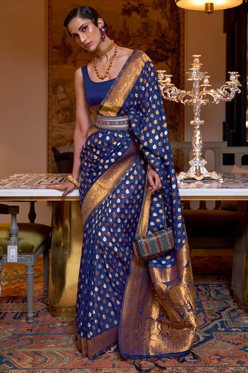 Ratatouille Navy Blue Soft Banarasi Silk Saree With Eloquence Blouse Piece