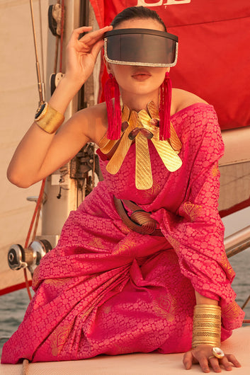 Gratifying Dark Pink Soft Banarasi Silk Saree With Sensational Blouse Piece