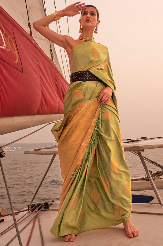 Precious Mehandi Soft Banarasi Silk Saree With Amazing Blouse Piece