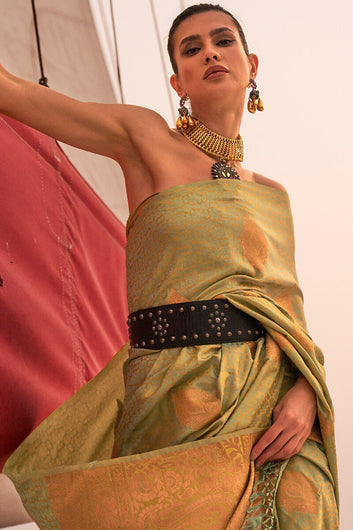 Precious Mehandi Soft Banarasi Silk Saree With Amazing Blouse Piece