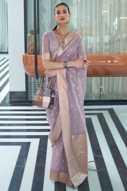 Prominent Lavender Cotton Silk Saree With Ethnic Blouse Piece