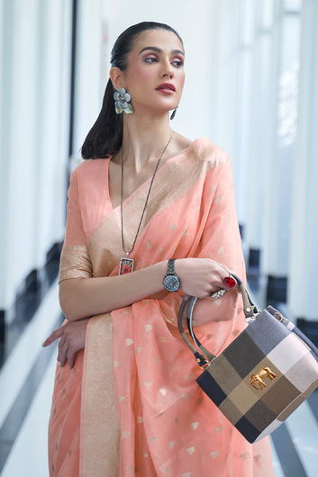 Ravishing Peach Cotton Silk Saree With Inspiring Blouse Piece