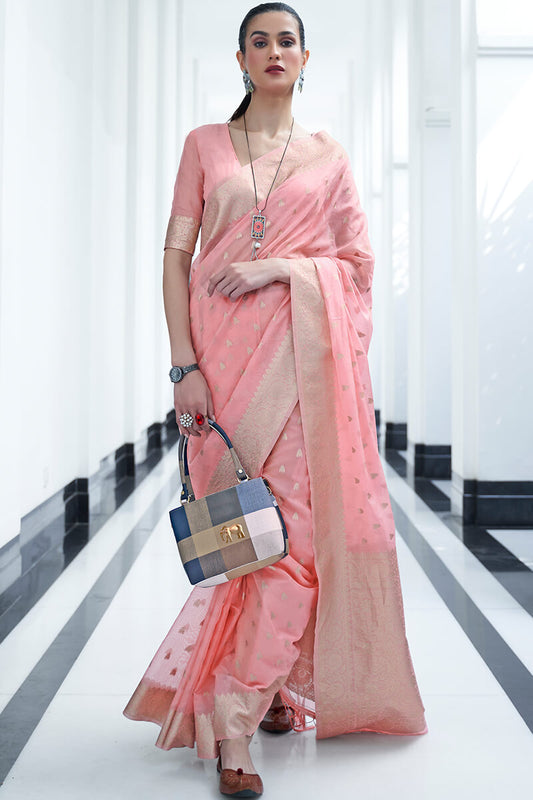 Bucolic Baby Pink Cotton Silk Saree With Elision Blouse Piece