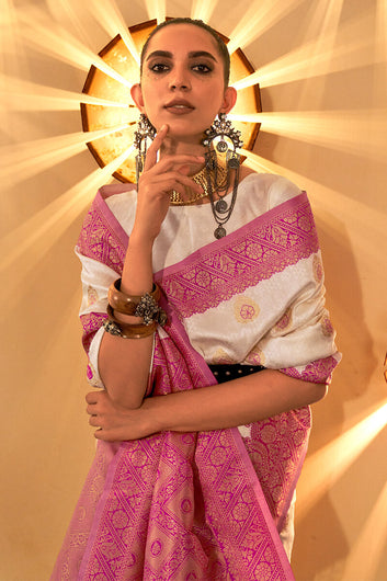 Staring Beige Soft Banarasi Silk Saree With Energetic Blouse Piece