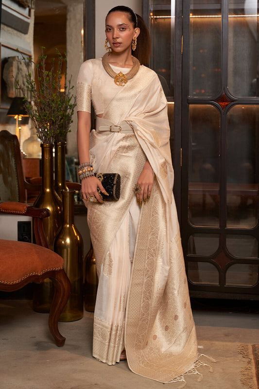 Ravishing Beige Soft Banarasi Silk Saree With Twirling Blouse Piece