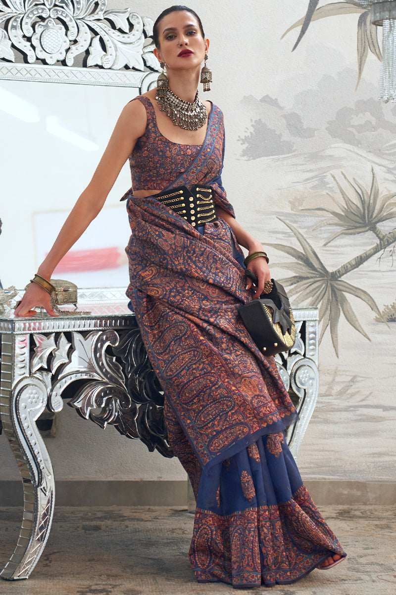 Beautiful Navy Blue Pashmina saree With Captivating Blouse Piece