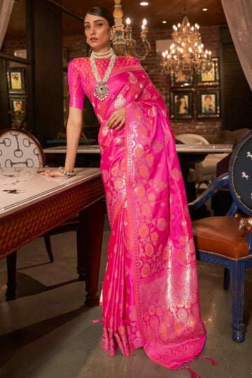 Ravishing Dark Pink Soft Banarasi Silk Saree With Delightful Blouse Piece