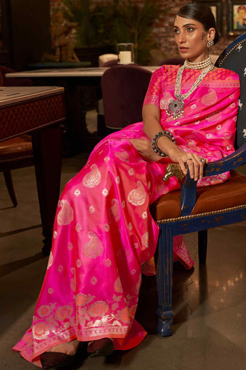 Ravishing Dark Pink Soft Banarasi Silk Saree With Delightful Blouse Piece