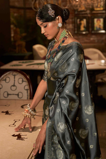 Sempiternal Grey Soft Banarasi Silk Saree With Devastating Blouse Piece
