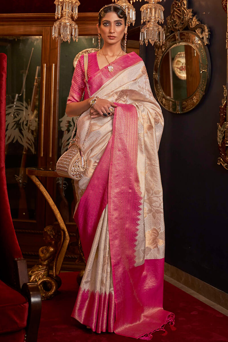 Attractive Beige Kanjivaram Silk Saree With Skinny Blouse Piece