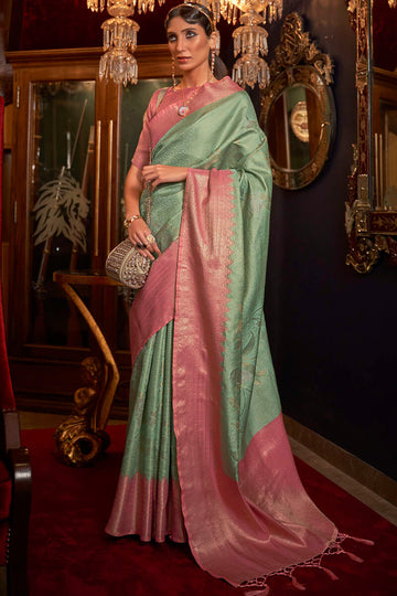 Excellent Sea Green Kanjivaram Silk Saree With Cynosure Blouse Piece