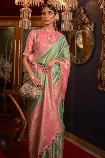 Excellent Sea Green Kanjivaram Silk Saree With Cynosure Blouse Piece