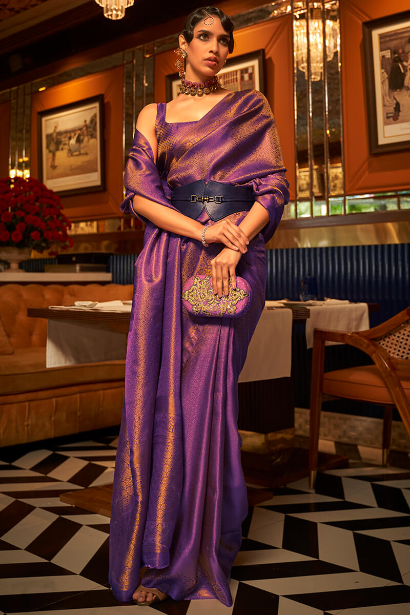 Beauteous Purple Kanjivaram Silk Saree With Chatoyant Blouse Piece