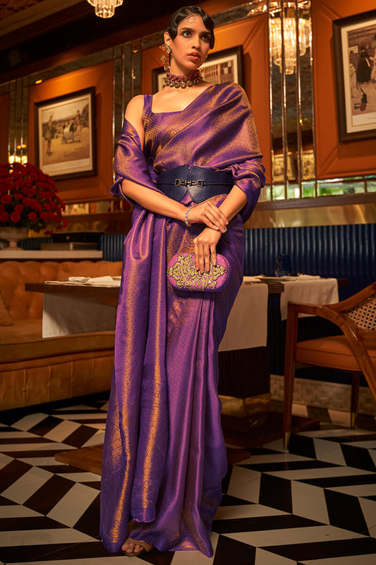 Beauteous Purple Kanjivaram Silk Saree With Chatoyant Blouse Piece