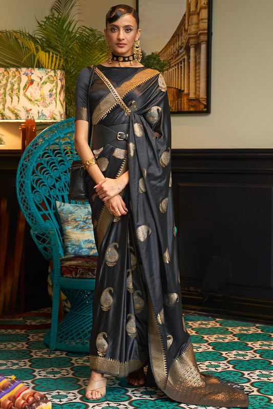 Smart Black Soft Banarasi Silk Saree With Skinny Blouse Piece