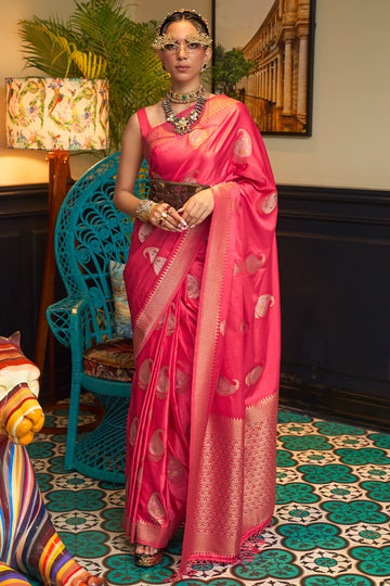 Arresting Dark Pink Soft Banarasi Silk Saree With Delightful Blouse Piece