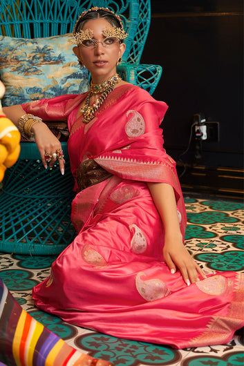 Arresting Dark Pink Soft Banarasi Silk Saree With Delightful Blouse Piece